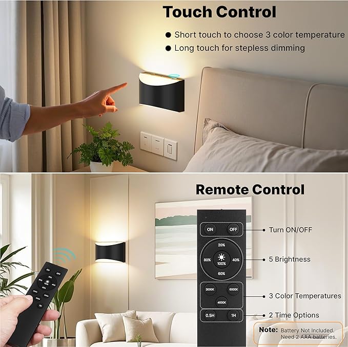 FOLKSMATE Battery Operated Wall Sconces Set of 4, Rechargeable Wireless Remote & Touch Control Wall Lamps, 3 Color Temperatures, Cordless Dimmable Lamp for Bedroom, Living Room, Hallway