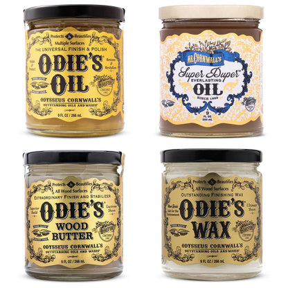 Odie’s Universal Finish Kit: 4-in-1 Bundle (9 oz) - Includes Odie’s Oil, Super Duper Oil, Wood Butter & Wax. Naturally Protect & Beautify Wood, Metal, Leather, Plastic & More