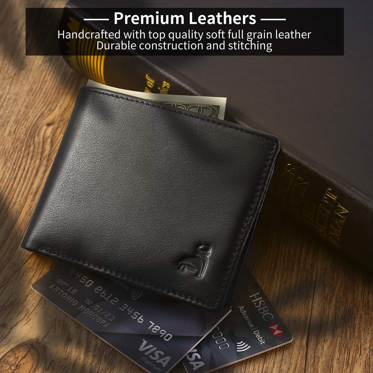 CALFART Slim RFID Blocking Leather Wallet for Men, Front Pocket Bifold Wallet with Zipper Coin Pocket and 2 ID Windows, Credit Card Holder