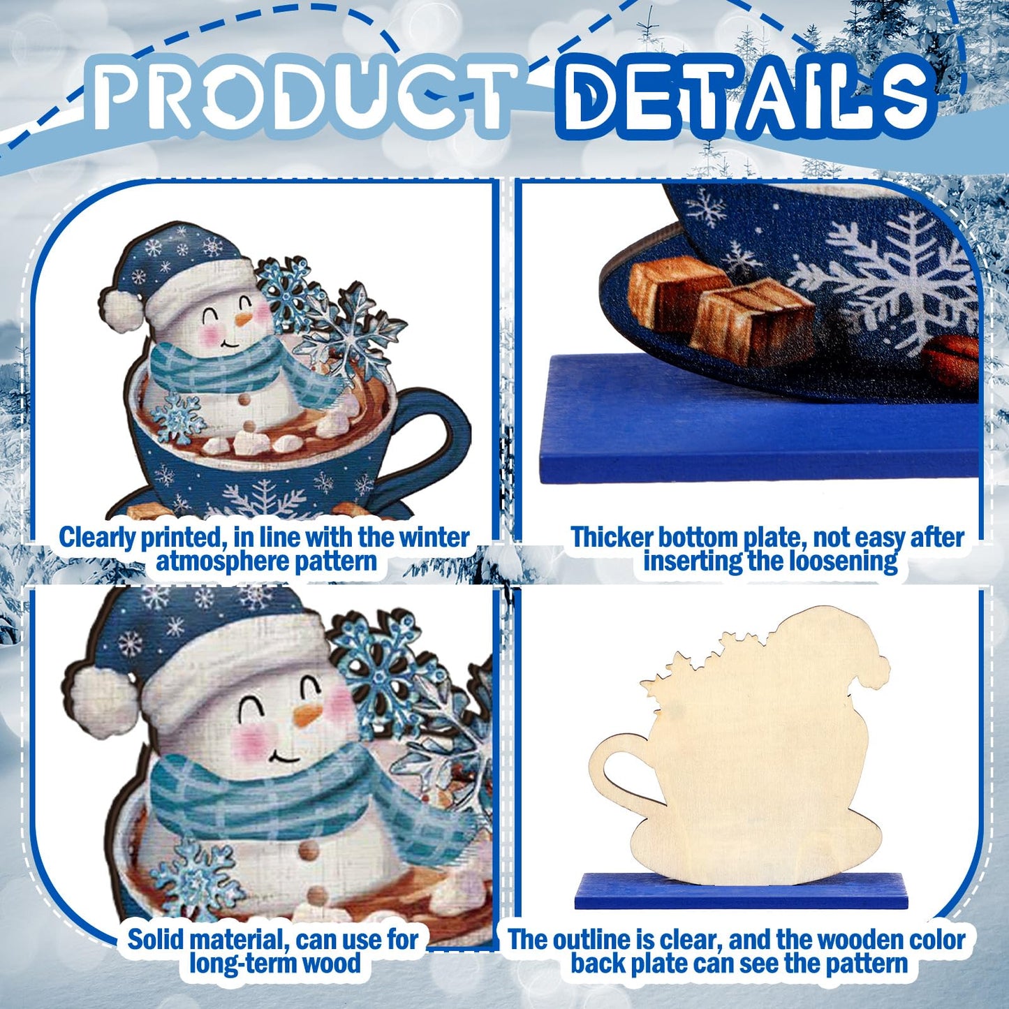 Realspring 6 Pcs Winter Wooden Table Decor Blue Winter Wood Snowman Decorative Gnome Truck Centerpieces Tiered Tray Decor for Kitchen Office Home