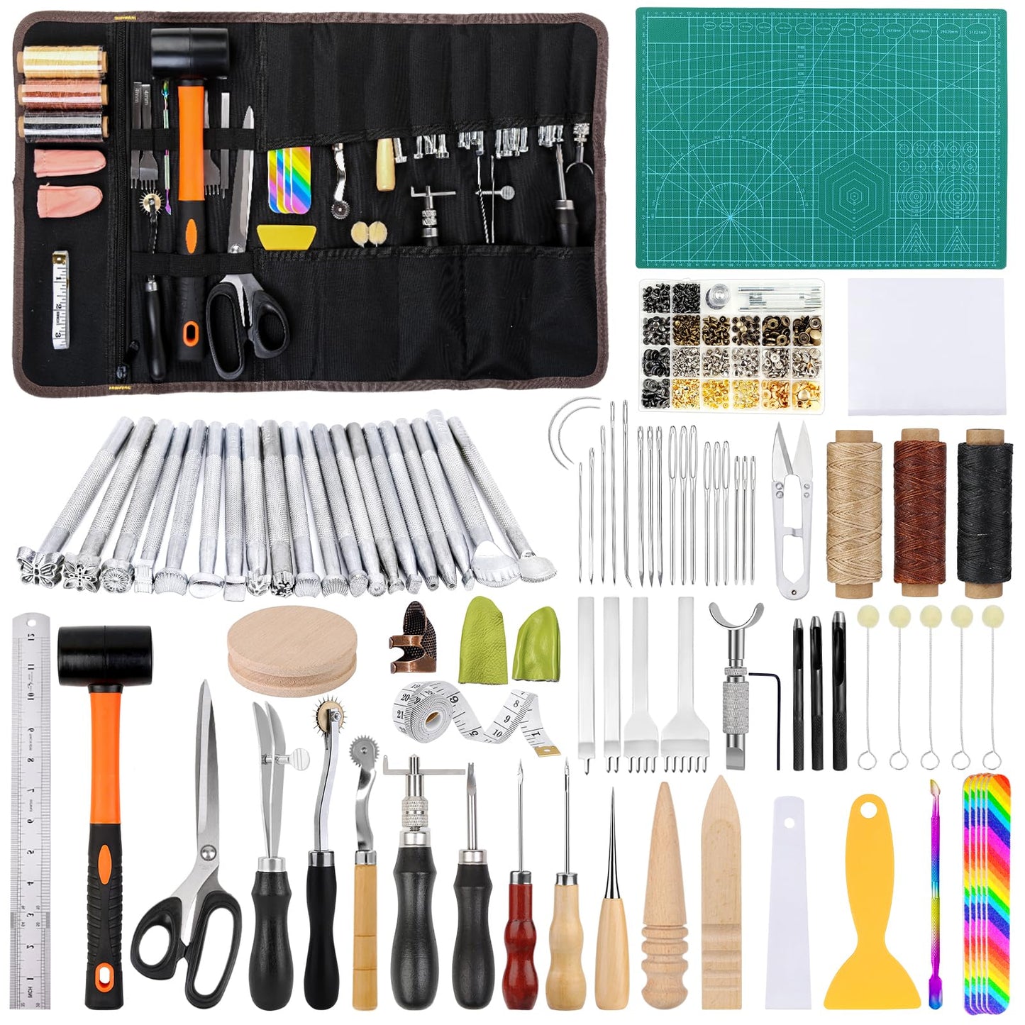 328PCS Leather Working Kit, Leather Working Tools with Manual - Stamp Tools, Stitching Groover and Rivets Kit for Beginners to Professionals