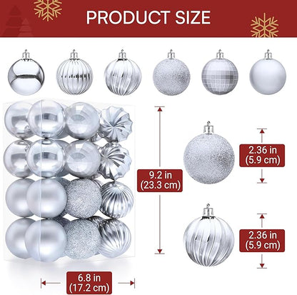 JOIEDOMI 24 Pcs Silver Christmas Balls Ornaments, 2.36" Christmas Tree Ornaments Set, Shatterproof Xmas Balls Hanging Decorations for Tree Wreath Garland Holiday Wedding Indoor Party Decor