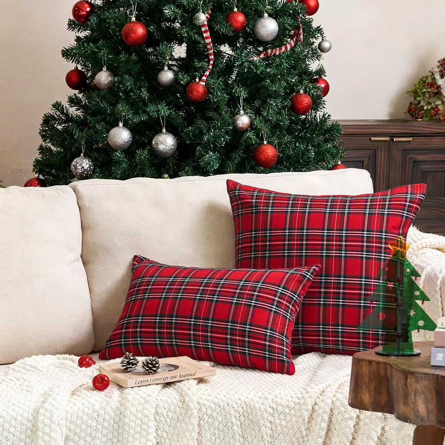 CARRIE HOME Christmas Scottish Tartan Plaid Pillow Covers 18x18 Red and Green Plaid Outdoor Pillows Set of 2 Christmas Decor for Living Room