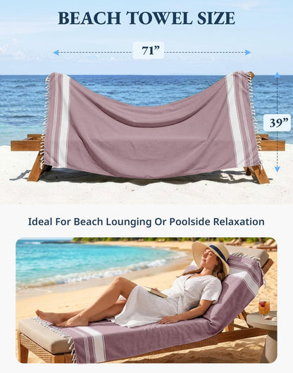 LANE LINEN Turkish Beach Towels, 2 Pack Extra Large Beach Towel, Pre-Washed for Soft Feel, Oversized Sand Free Quick-Dry Pool Towel, Beach Towels for Adults, 39"x71" - Wistful Mauve