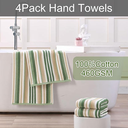 Green Hand Towels Set of 4, Striped Hand Towels