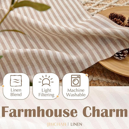 jinchan Striped Linen Kitchen Curtains 24 Inches Length Tier Curtains Farmhouse Modern Cafe Style Small Window Treatments Airy Light Filtering Rod Pocket for Living Room Bathroom 2 Panels Tan