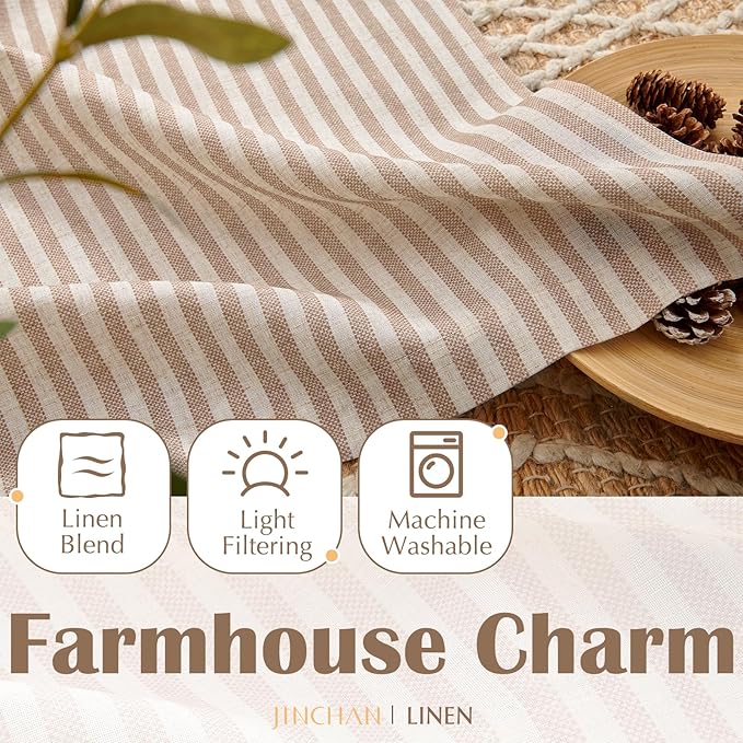 jinchan Striped Linen Kitchen Curtains 45 Inches Length Tier Curtains Farmhouse Modern Cafe Style Small Window Treatments Airy Light Filtering Rod Pocket for Living Room Bathroom 2 Panels Tan