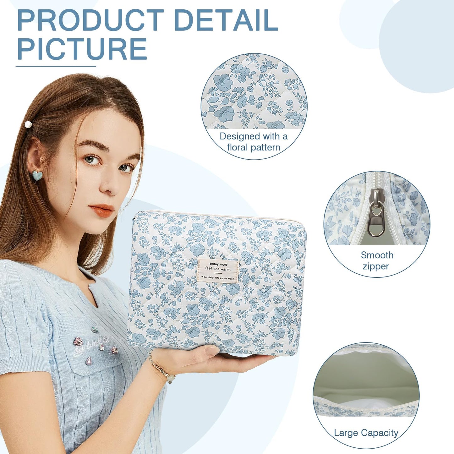 Gosect Floral Makeup Bag, Large Cosmetic Bag for Women Girls, Cute Cotton Make up Pouch, Quilted Makeup Bags, Flower Travel Toiletry Organizer Bag(Blue Floral)