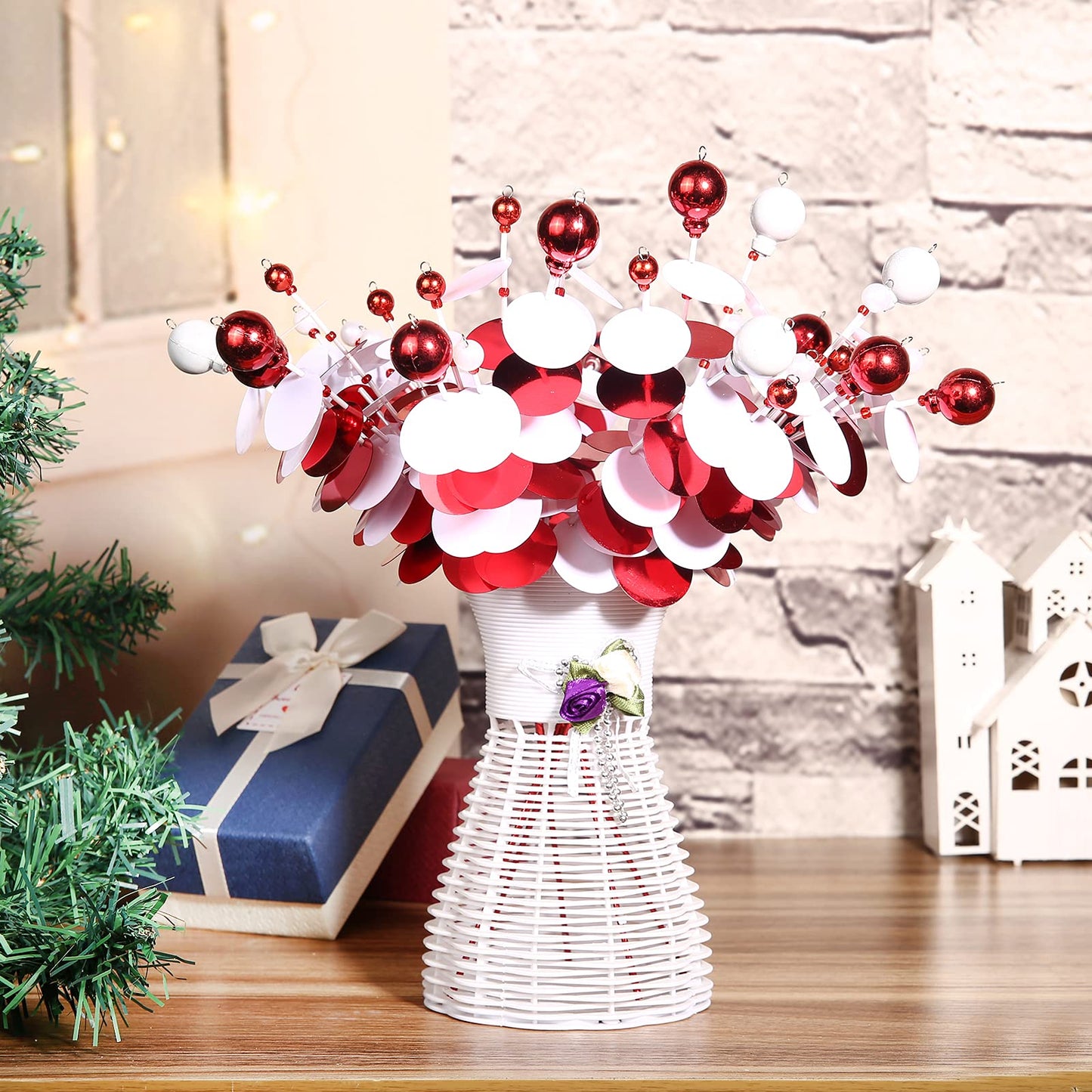 ZHANYIGY 6PC Set 12" H Red White Christmas Ornaments Sequins Ball Pick, Christmas Tree Decorations Christmas Tree Topper Star Home Office Perfect Party Decorations Gifts