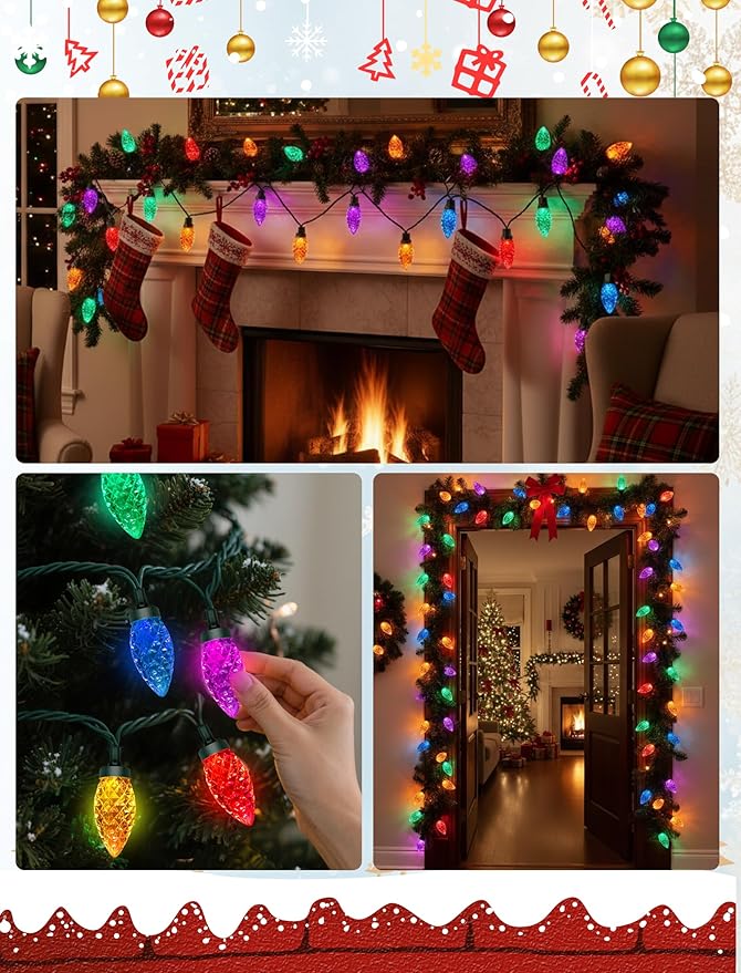 50 Count C9 Christmas Lights Outdoor, 26FT Diamond-Cut Multicolor LED String Lights, Connectable Green Wire Vintage Christmas Lights for House, Roofline, Trees, Garden & Christmas Outdoor Decorations