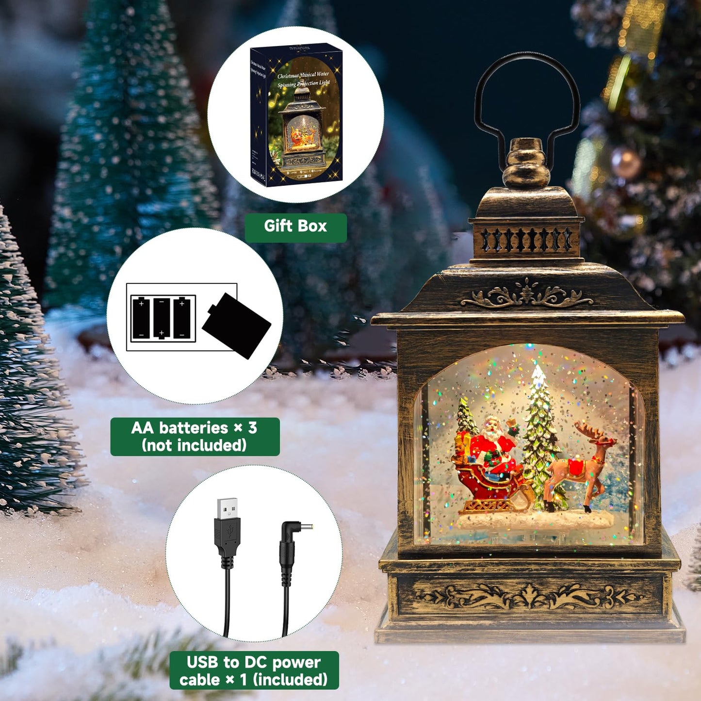 Christmas Snow Globes Lantern Lighted Water Glittering,with Santa Claus Projection/6H Timer/Music,Christmas Decorations Indoor-USB/Battery Operated-Gifts for Kids Adults-with Snow Scene Background