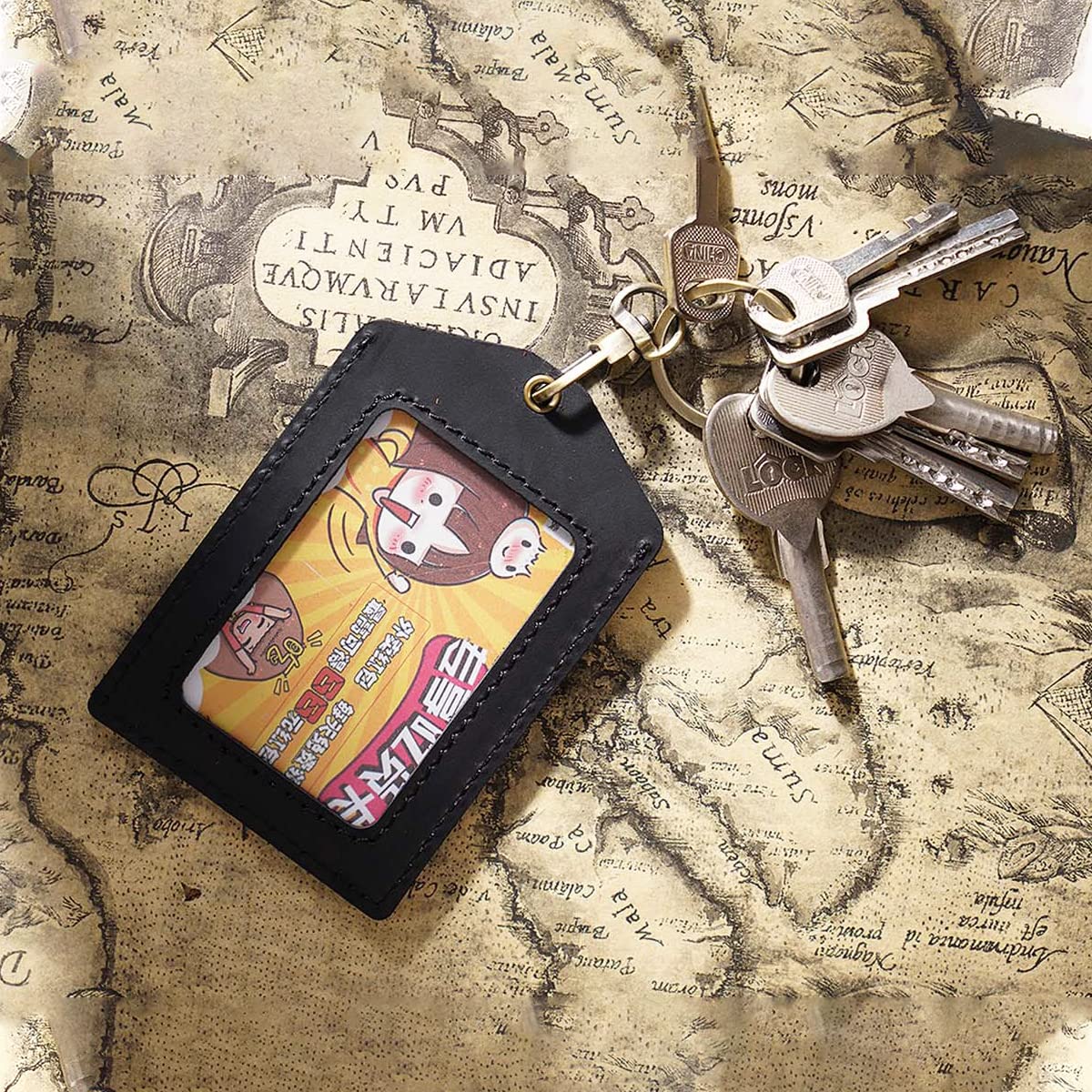 Badge Holder Vertical Handmade Leather ID Card Badge Holder Keychain with Heavy Duty Lanyard for Men Women (Black Leather)