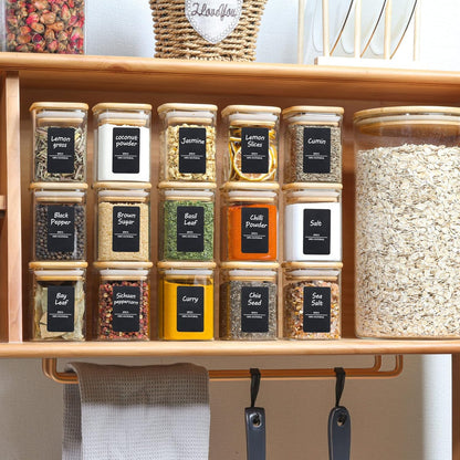 ComSaf 16Pcs Glass Spice Jars with Bamboo Lid, 4oz Airtight Square Spice Containers with 275 Black Lables, Empty Seasoning Jars for Spice Salt Sugar