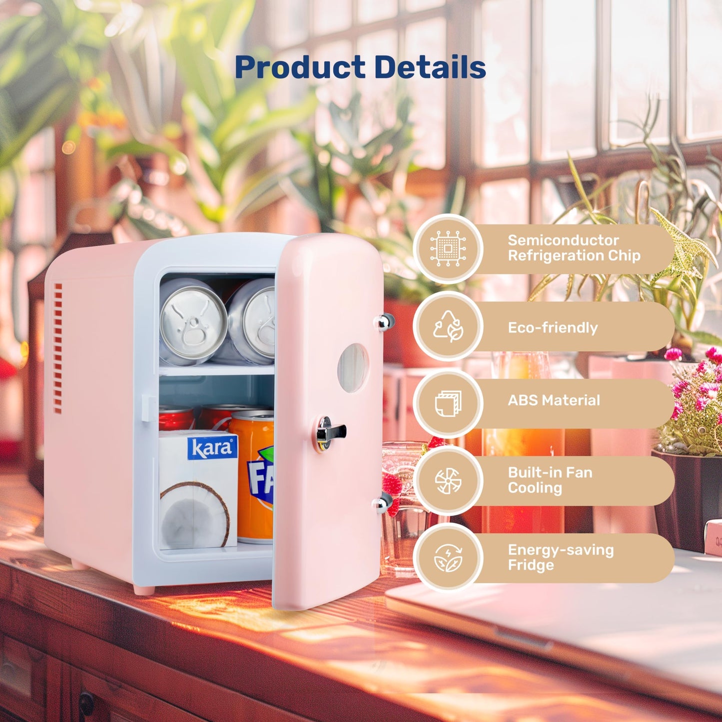YSSOA 4L Mini Fridge with Observation Window, Portable Warmer & Cooler Six 12oz Cans Compact Refrigerator, 100% Eco Friendly and Freon-Free, Pink