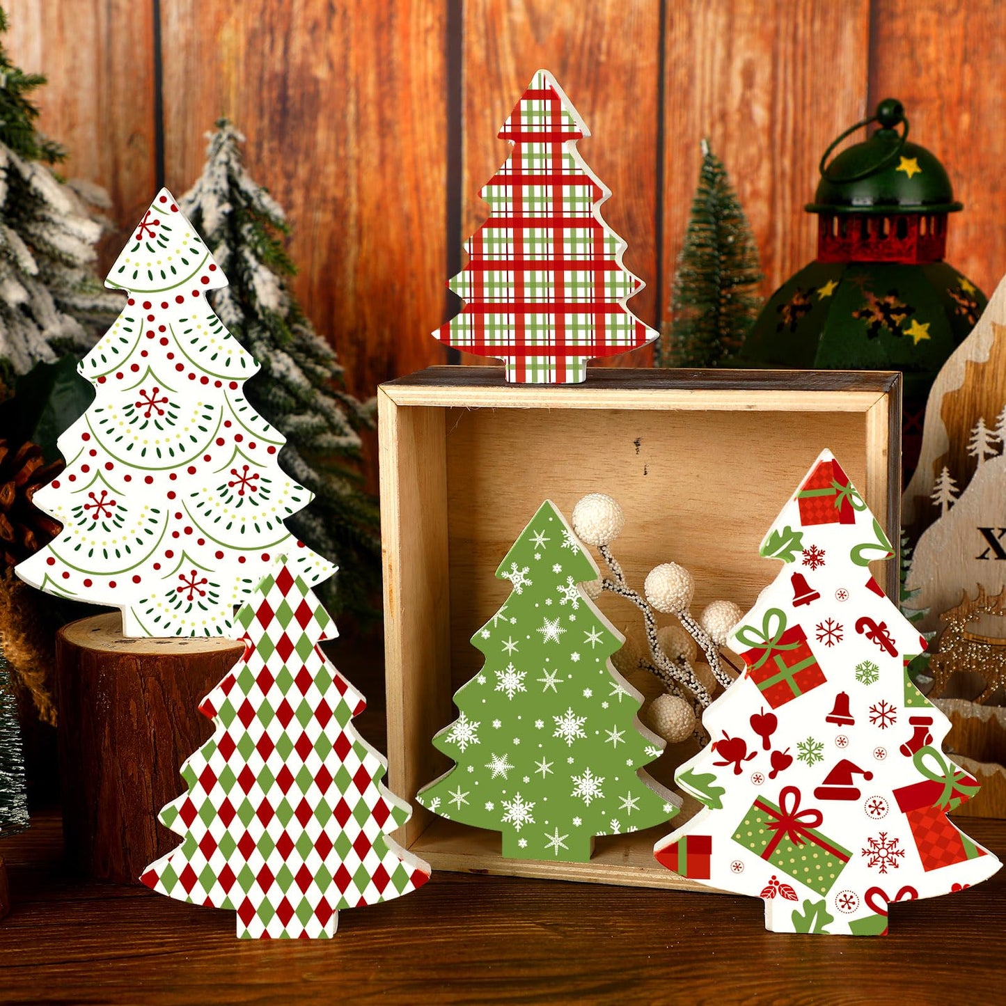 Huwena 5 Pcs Christmas Table Decoration Wooden Xmas Tree Tiered Tray Decor Centerpiece Gift Box Indoor Christmas Tree for Shelf Mantel Fireplace Home Party (Red Green White Buffalo Plaid)