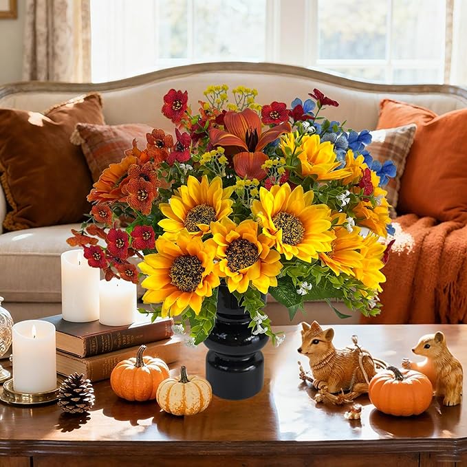 Fall Fake Flowers with Vase, Sunflowers Artificial Flowers, Faux Flowers in Vase for Centerpiece Table Decorations, Fake Plant Silk floral arrangements for Thanksgiving Home Coffee Kitchen Table Decor