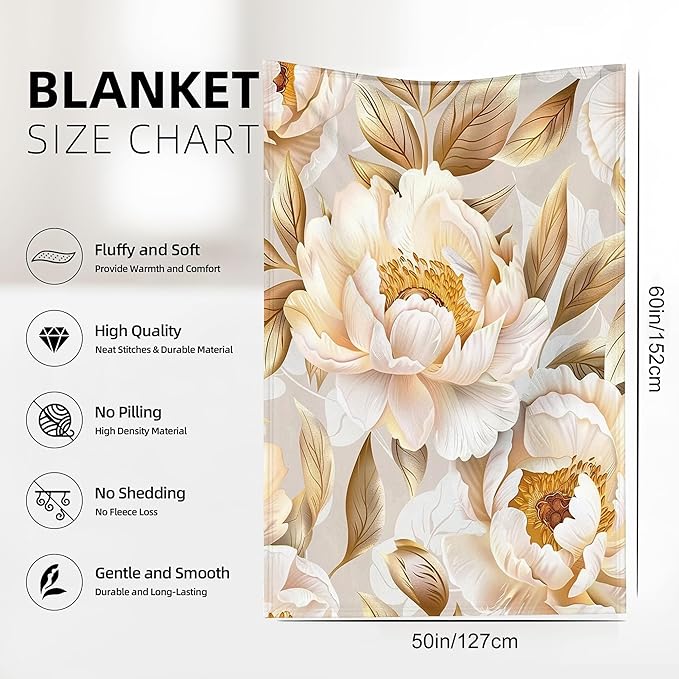 Vintage Golden Peony Blanket Gfits for Women Men Kids Floral Throw Blankets Soft Lightweight for Home Decor Couch Bed Sofa 50x60 Inches