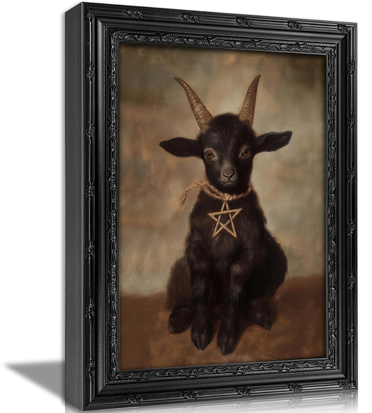 KKP Framed Gothic Black Goat Pentagram Wall Art, Vintage Occult Witchcraft Canvas Prints, Dark Academia Spooky Animal Wall Decor Cute Halloween Home Decor Picture 12x16 Inches Black Frame