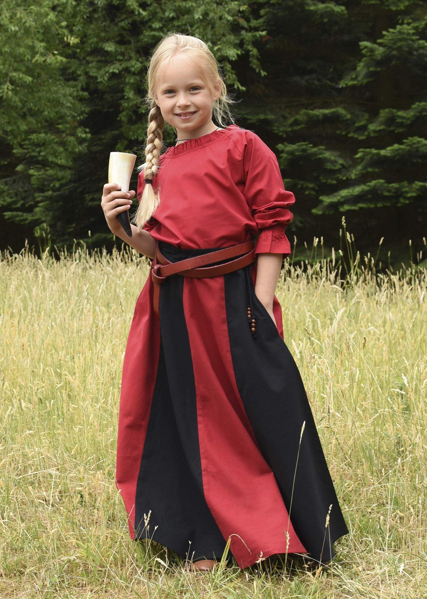Battle-Merchant Medieval Leather Long Belt with Brass Ring – Long Viking Renaissance LARP Belt in (Red, 75)