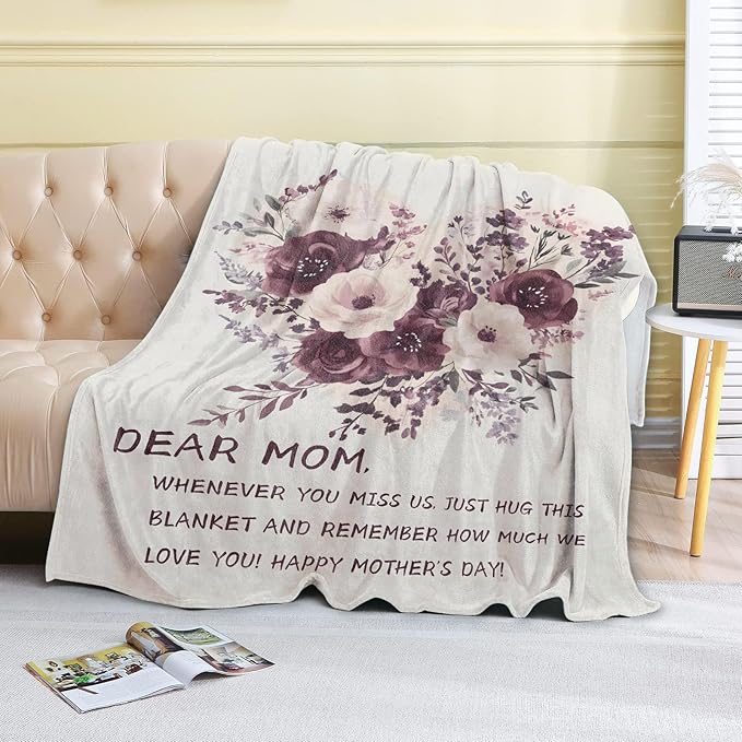 Mother's Day Fleece Blanket - 60x80in Mom from Daughter Birthday Heartfelt Message Floral Loving Throw Blankets,Soft Cozy Lightweight, Ideal for Living Room Home Decor and Women Gifts