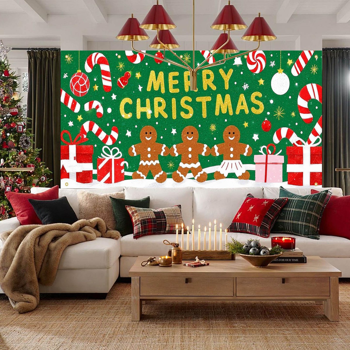 HOMETITUTE Merry Christmas Gingerbread Man Garage Door Banner 13x6ft Green Background Candy Gift Boxes Snowflakes Baubles Holiday Yard Display Photo Backdrop Outdoor Seasonal Decoration