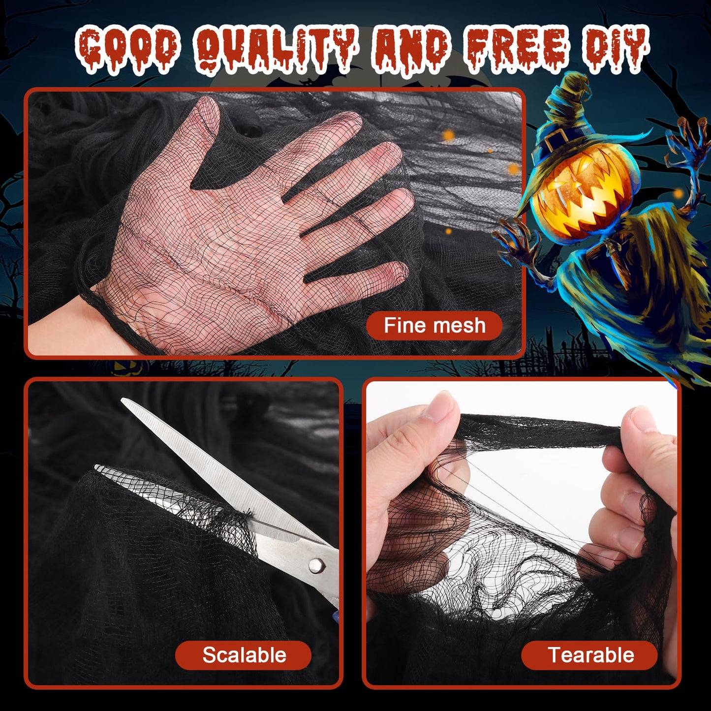 500" x 80"Halloween Creepy Cloth Black Large Spooky Fabric Cloth Halloween Decorations Outdoor for House, Window Backdrops, Garden Party Supplies, Yard, Tree, Wall Art