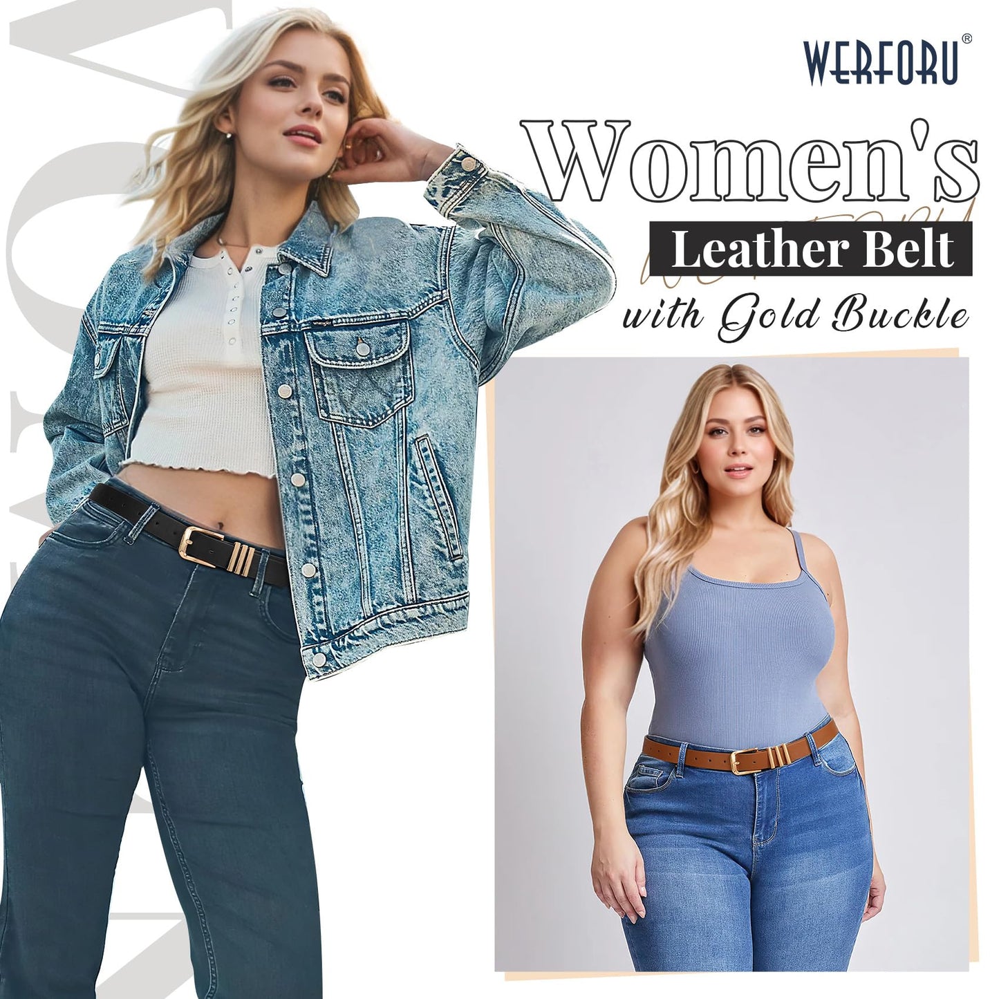 WERFORU 3 PACK Women Belt Women Fashion Leather Belts for Jeans Pants Ladies Belts with Gold Buckle,B-Black+Brown+Beige-gold,Fit Waist Size 32-36 Inches