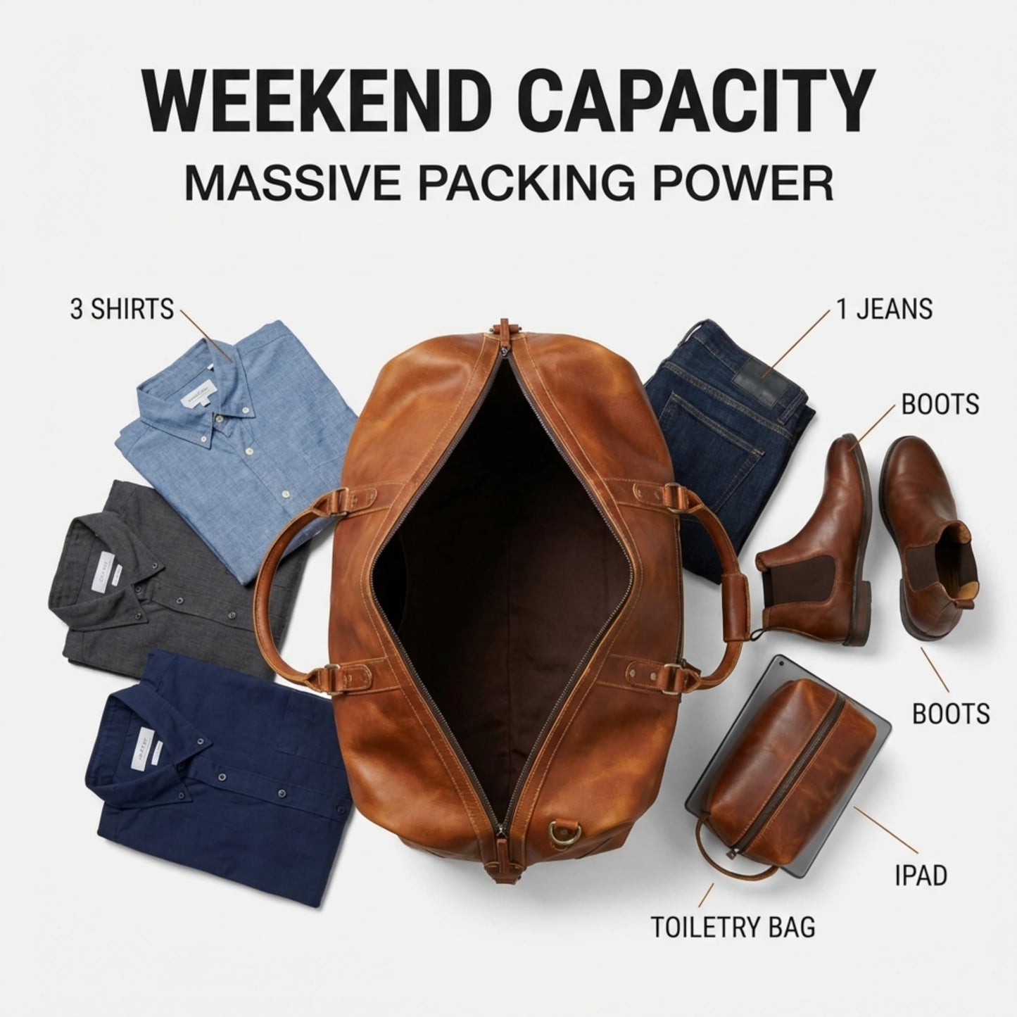 Cuero Full Grain Leather Duffle Bag for Men, Buffalo Overnight Weekend Travel Bag, Carry On with Organized Pockets, YKK Zippers, Adjustable Strap (Tan)