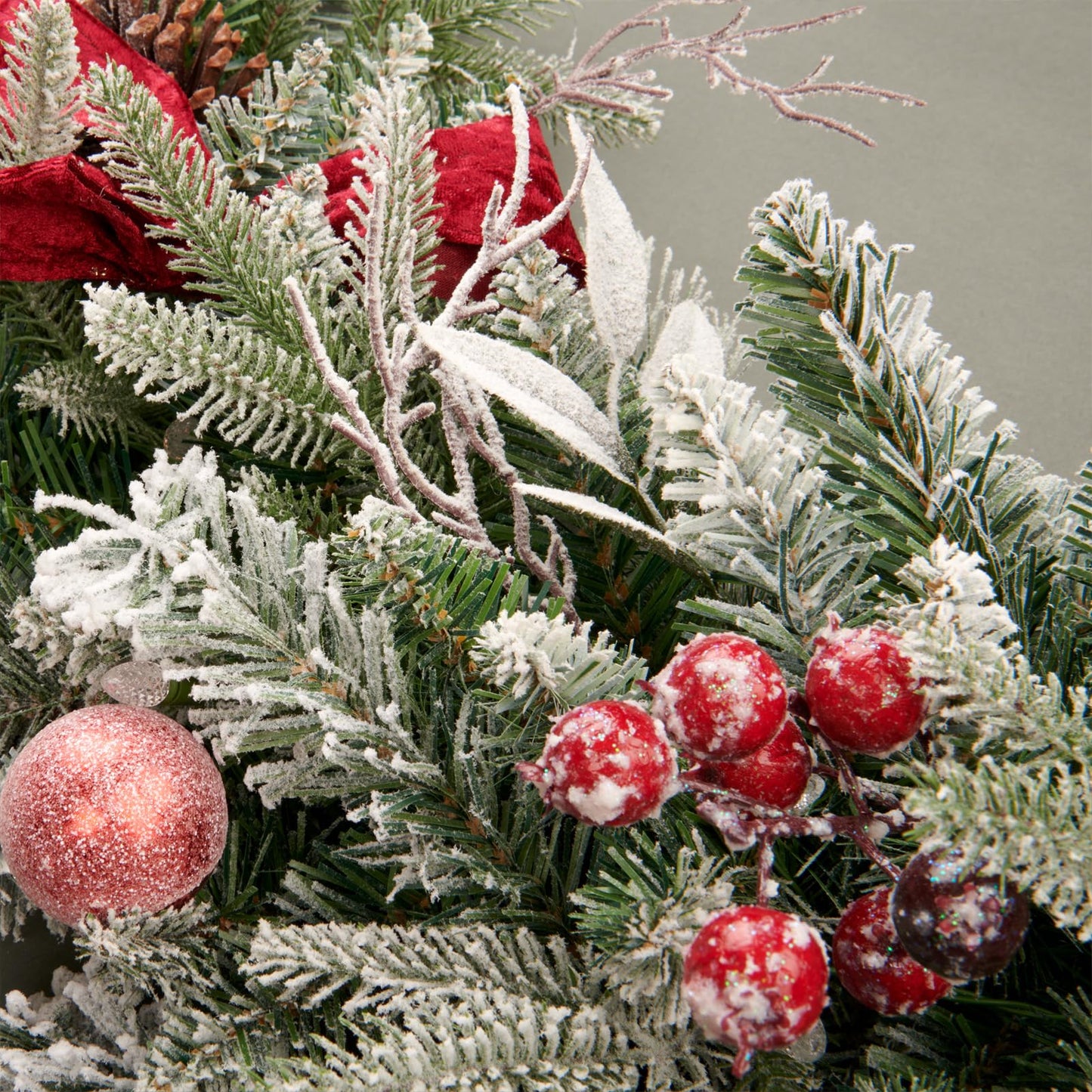 AMERZEST 9FT Pre-lit Flocked Snow Christmas Garland, Berries and Bows and 50 Lights, Plug in, Holiday Decoration Fireplace Stairs Mantle Door Indoor Outdoor