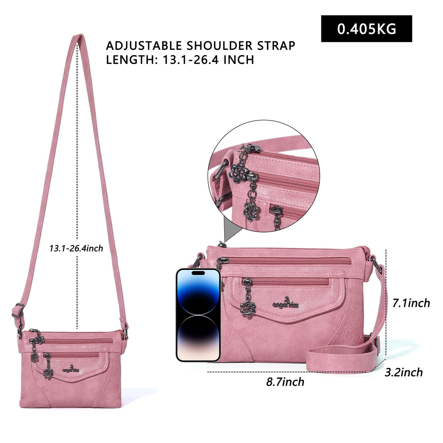 Angel Kiss Small Crossbody Bags for Women, Multi-Pocket Washed Vegan Leather Purses, Lightweight Travel Shoulder Bag with Adjustable Strap for Everyday