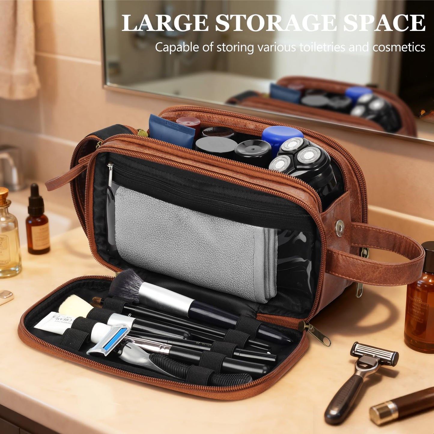 Personalized Toiletry Bag for Men,Father Day Gift for Dad Husband,Engraved Mens Toiletry Travel Bag,Waterproof PU Leather Shaving Bag,Mens Birthday Gift Ideas for Him,Groomsmen Gifts Brown- M