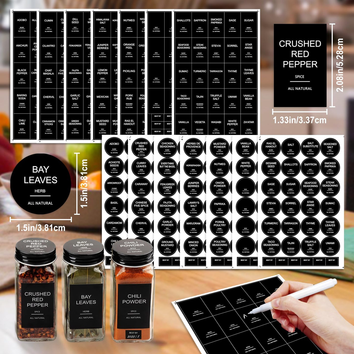 AISIPRIN 24 Pcs Glass Spice Jars with 398 Labels, 4oz Empty Square Spice Containers Seasoning Bottles - Shaker Lids, Funnel, Brush and Marker Included(Black Metal Caps)