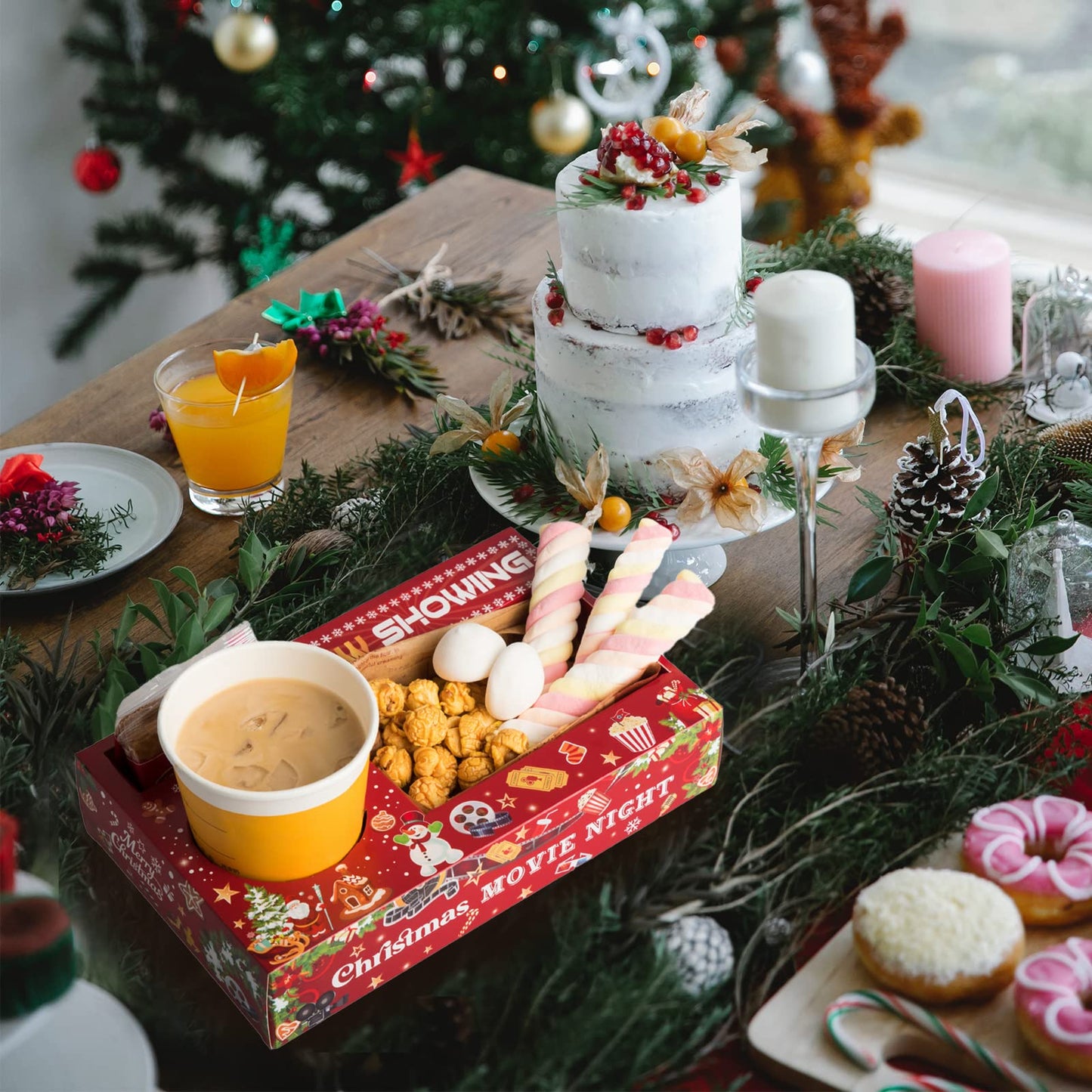 48 Pcs Christmas Party Supplies Movie Night Paper Snack Trays Xmas Party Decorations Christmas Birthday Favors Snowman Family Movie Popcorn&Drink&Candy Box