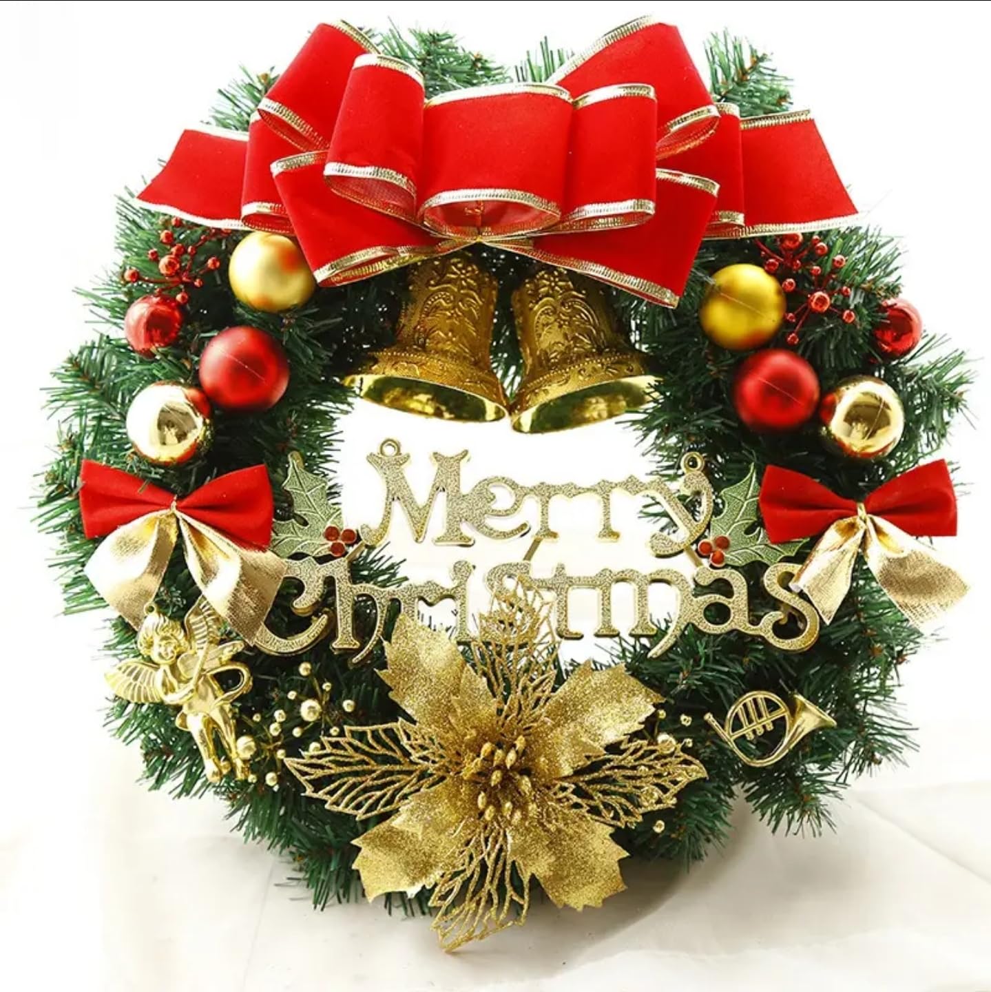 Artificial Christmas Wreath with Merry Christmas Sign – Pine Wreath with Red Bow, Ornaments & Gold Flowers for Front Door, Wall & Holiday Decorations
