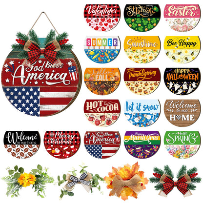 Vicenpal 22 Pcs Interchangeable Welcome Sign for Front Door with 17 Magnetic Icon Wooden Seasonal Front Porch Door Decor with 4 Seasonal Wreath for Holiday Halloween Christmas Gift(Blue,Rustic)