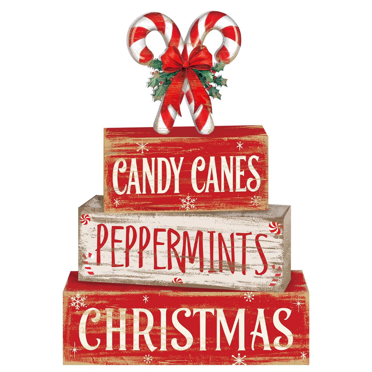 Moucuny 4 Pcs Christmas Candy Cane Table Decor Christmas Wooden Decorative Signage Red and White Stripes Candy Cane Xmas Tiered Tray Decor Centerpieces Farmhouse Wooden Block Set for Home