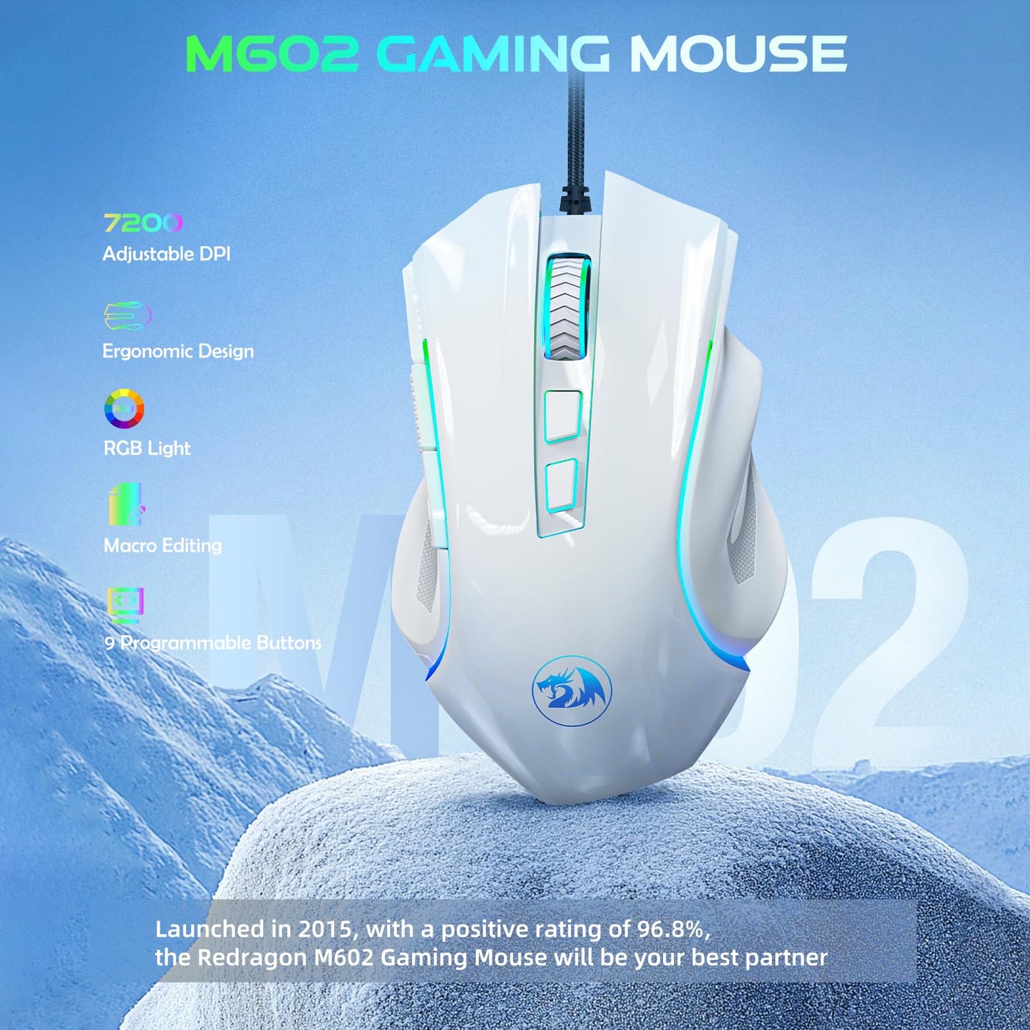 Redragon M602 Griffin RGB Gaming Mouse, RGB Spectrum Backlit Ergonomic Mouse with 7 Programmable Backlight Modes up to 8000 DPI for Windows PC Gamers (Black, Wireless)