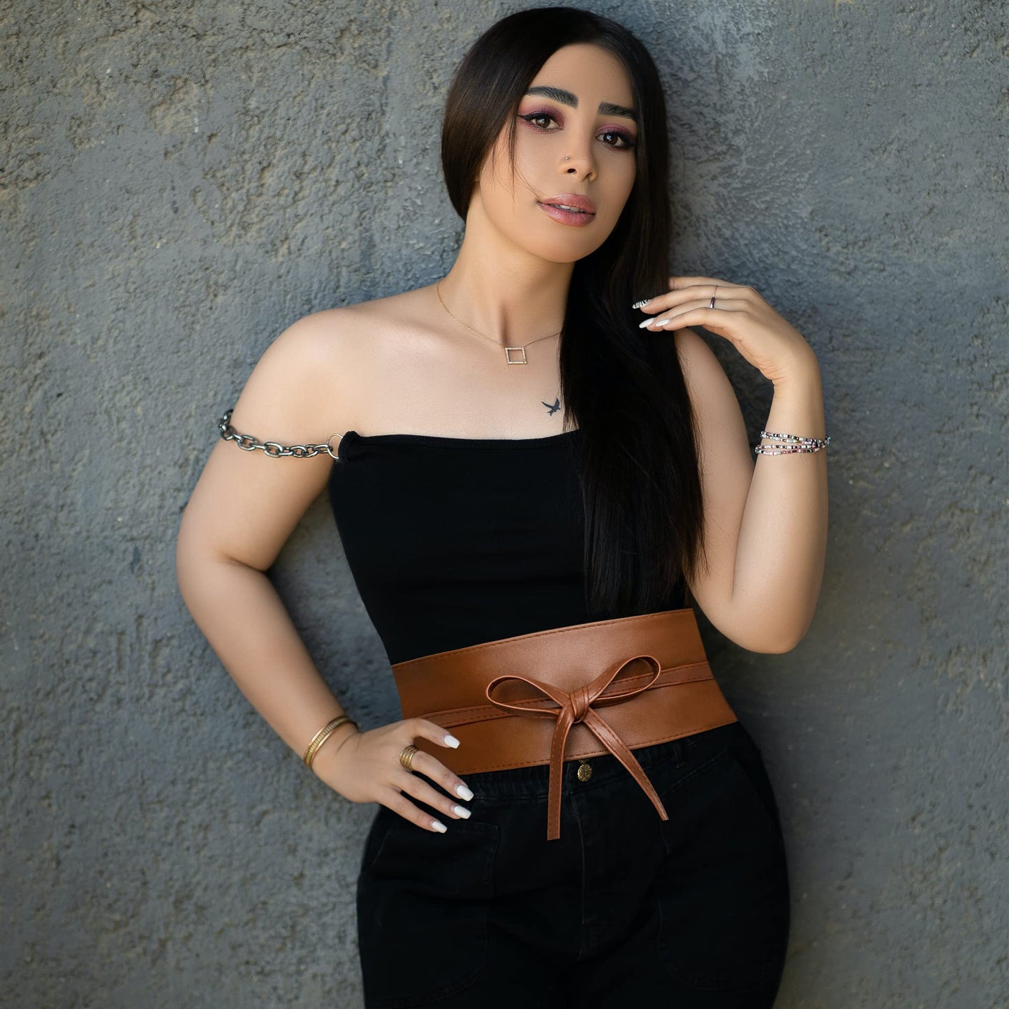 macoking Thick Brown Wide Obi Belts for Women Faux Leather Corset with Lace Up Wrap Style L