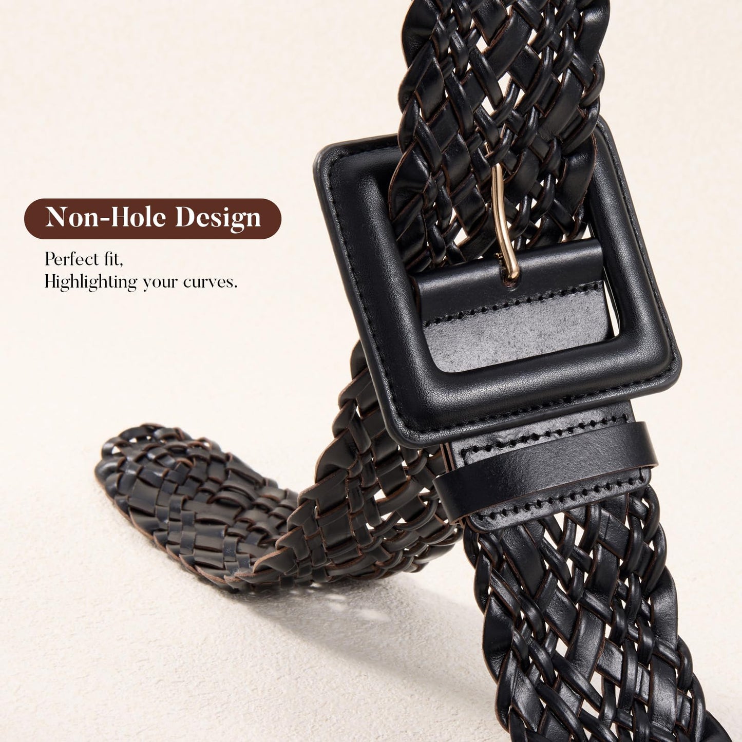 XZQTIVE Women Wide Belt for Dresses Fashion Thick Braided Leather Belts with Square Buckle, Woven Waistband for Ladies, Black(Fit Waist Size Below 27'')