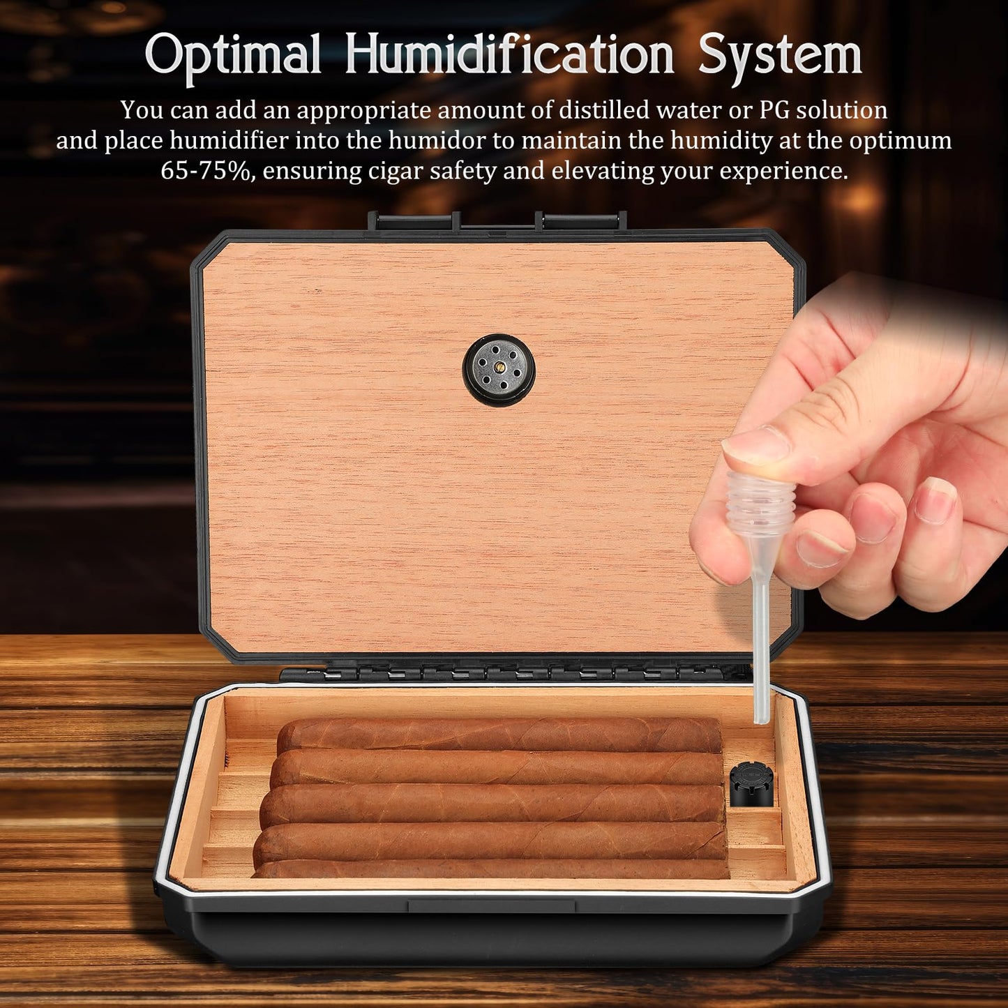 TISFA Cigar Humidor Set Travel Humidor Includes 2 Multifunctional Cutters, Hole Punch, Humidifier, Hygrometer, Portable Cedar Wood Lined Cigar Box Holder Case Gifts for Men (Black)