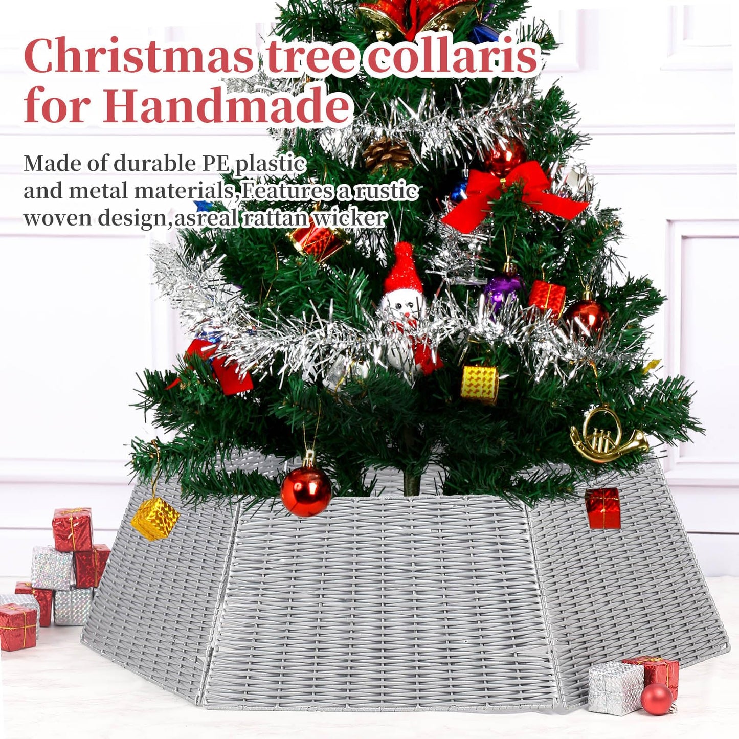 Vencer 34.2''Christmas Tree Collar,Plastic Rattan Xmas Tree Skirt,Rustic Decorations,Tree Skirt Base for Christmas Tree Decorations,Grey,CTS-G010