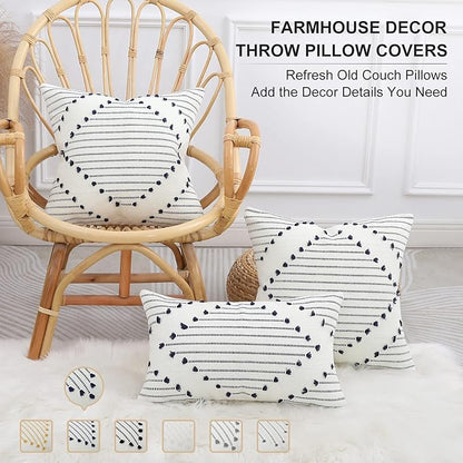 Mecatny Boho Outdoor Throw Pillow Covers 18X18 Set of 2, Farmhouse Decorative Pillow Covers for Couch Sofa Living Room, Navy & Cream White