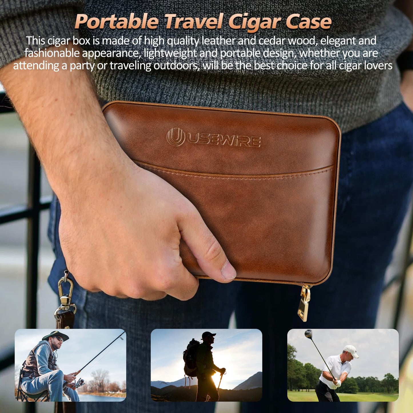 Usewire Cigar Humidor, Leather Cigar Case with Cigar Lighter, Built-in Straight Cigar Cutter and Cigar Punch, Travel Cigar Humidor with Humidifier and Cedar Tray, Cigar Accessories Set for Men