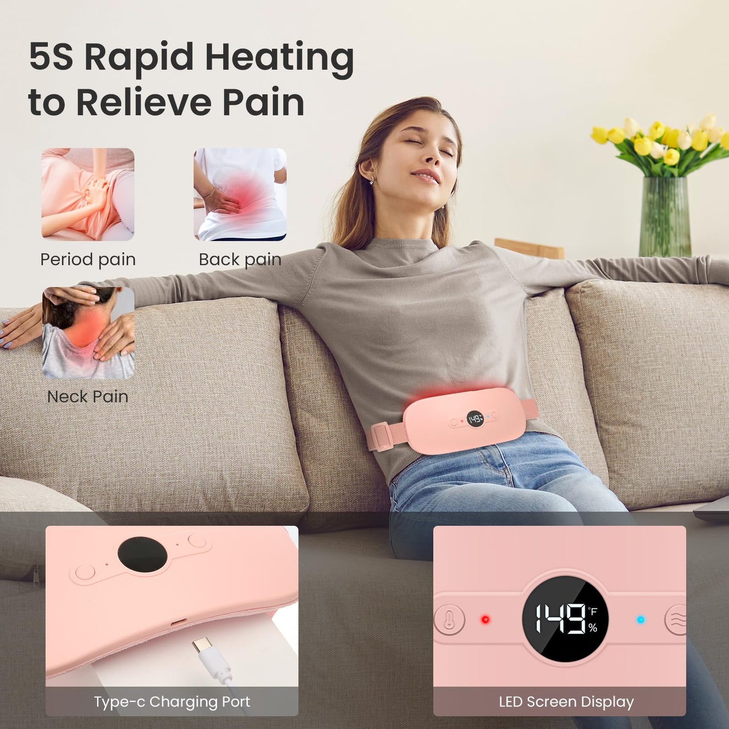 NOWWISH Heating Pad for Period Cramps Pain Relief, Portable Electric Cordless Menstrual Heating Pad Rechargeable with 6 Heat Levels and 6 Massage Modes, Christmas Gifts for Women Teen Girls, Pink