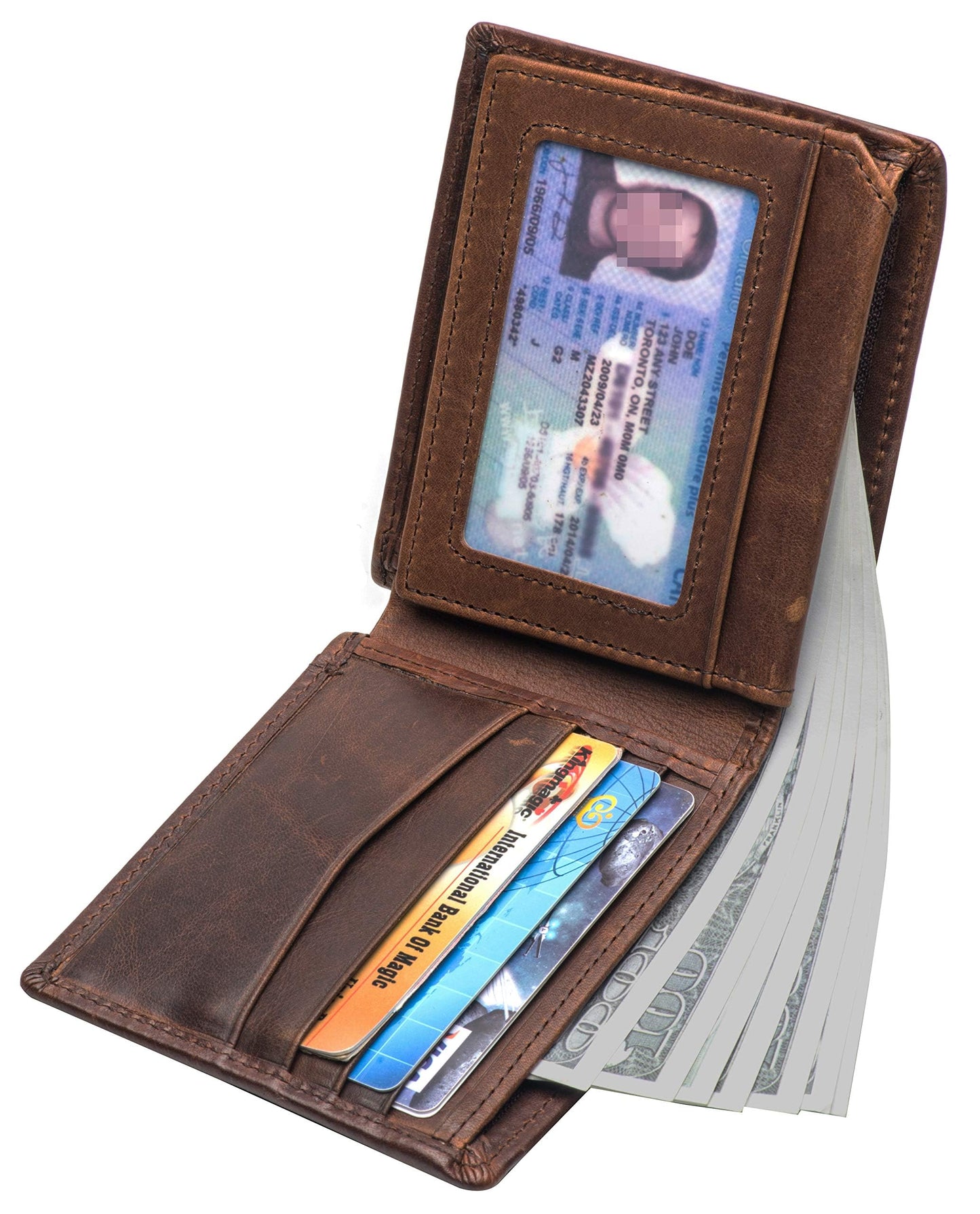 Plinvo Real Leather RFID Blocking Genuine Real Leather Bifold Wallet for Men with Zipper and 2 ID Windows (Brown)