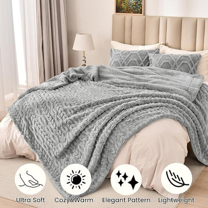 PHF Fluffy Sherpa Blanket Queen Size for Winter, Warm and Soft, 510GSM 3D Jacquard Thick Shaggy Fleece Plush Blanket for Sofa Bed, Grey, 90"x90"
