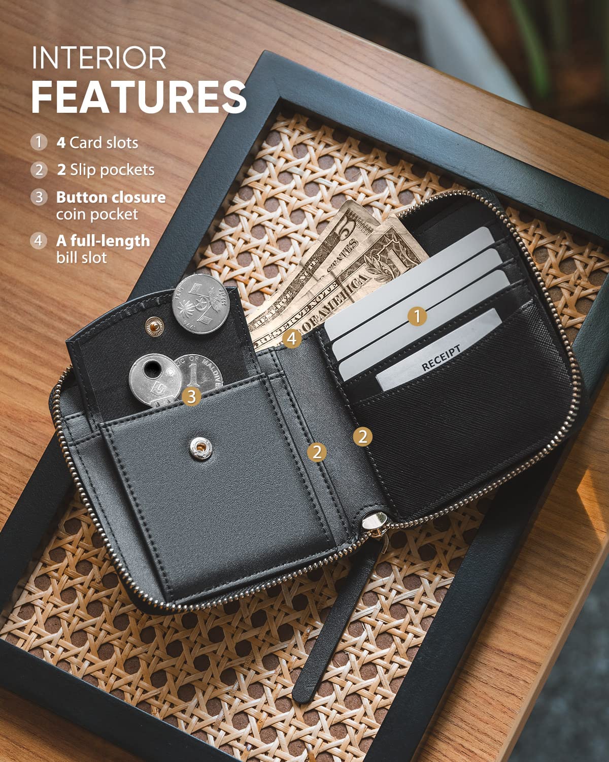 Plinvo Slim Genuine Leather Wallet for Women RFID Blocking Bifold Credit Card Holder with Zipper Pocket (Black)
