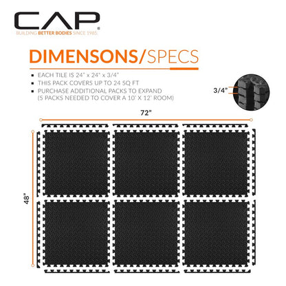 CAP Barbell 3/4-Inch Interlocking EVA Foam Exercise Puzzle Mat Home Gym Flooring - 1 Pack | 24" x 24" x 3/4" | Diamond Pattern - Black