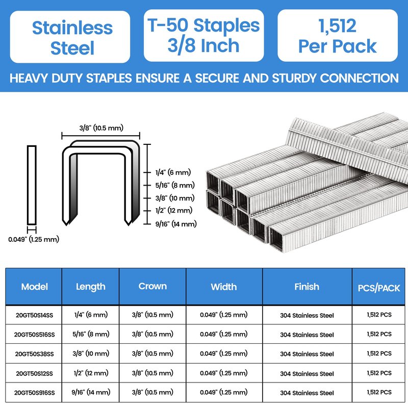meite T50 Stainless Steel Staples Marine, 3/8 Inch Heavy Duty Staples for Staple Gun - 1512 Counts, 20 Gauge 3/8 Inch Crown T50 Upholstery Staple for Marine Applications