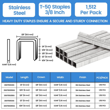 meite T50 Stainless Steel Staples Marine, 3/8 Inch Heavy Duty Staples for Staple Gun - 1512 Counts, 20 Gauge 3/8 Inch Crown T50 Upholstery Staple for Marine Applications